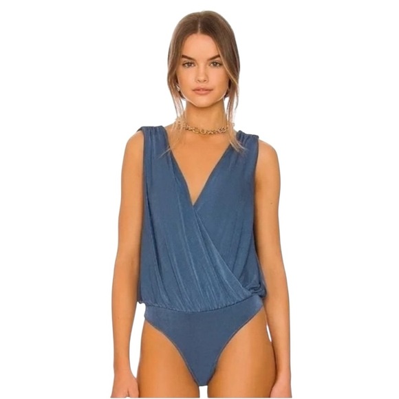 Intimately Free People Night Owl Bodysuit Size LG Blue Metal Feminine Plunging - Picture 12 of 12